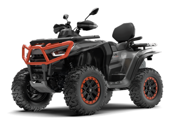 Segway AT10 WL EPS Limited: Mocny szary pojazd ATV z pomarańczowymi akcentami, wytrzymałymi oponami i wygodnym siedzeniem pasażera.